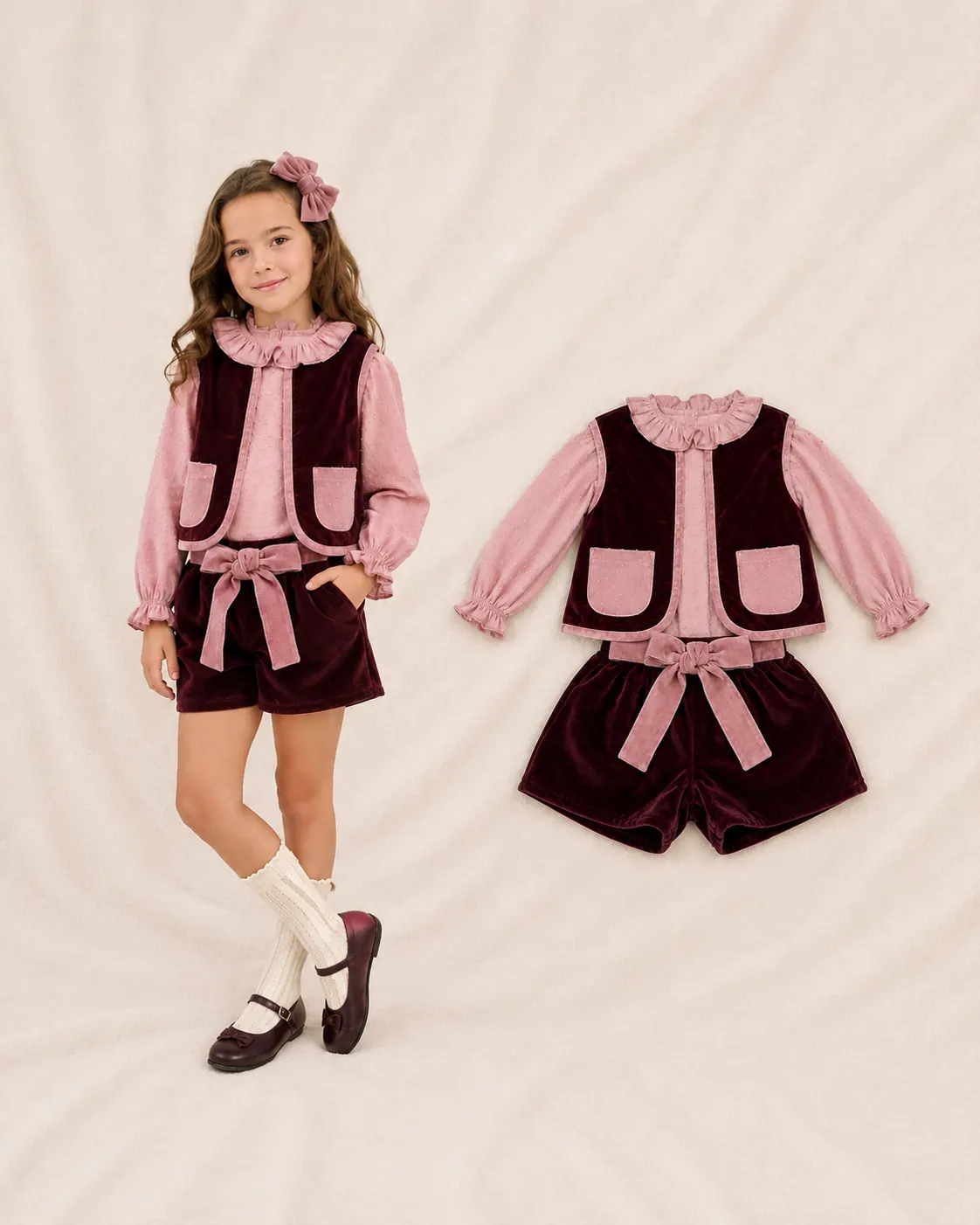 Conjunto infantil de terciopelo granate confeccionado artesanalmente